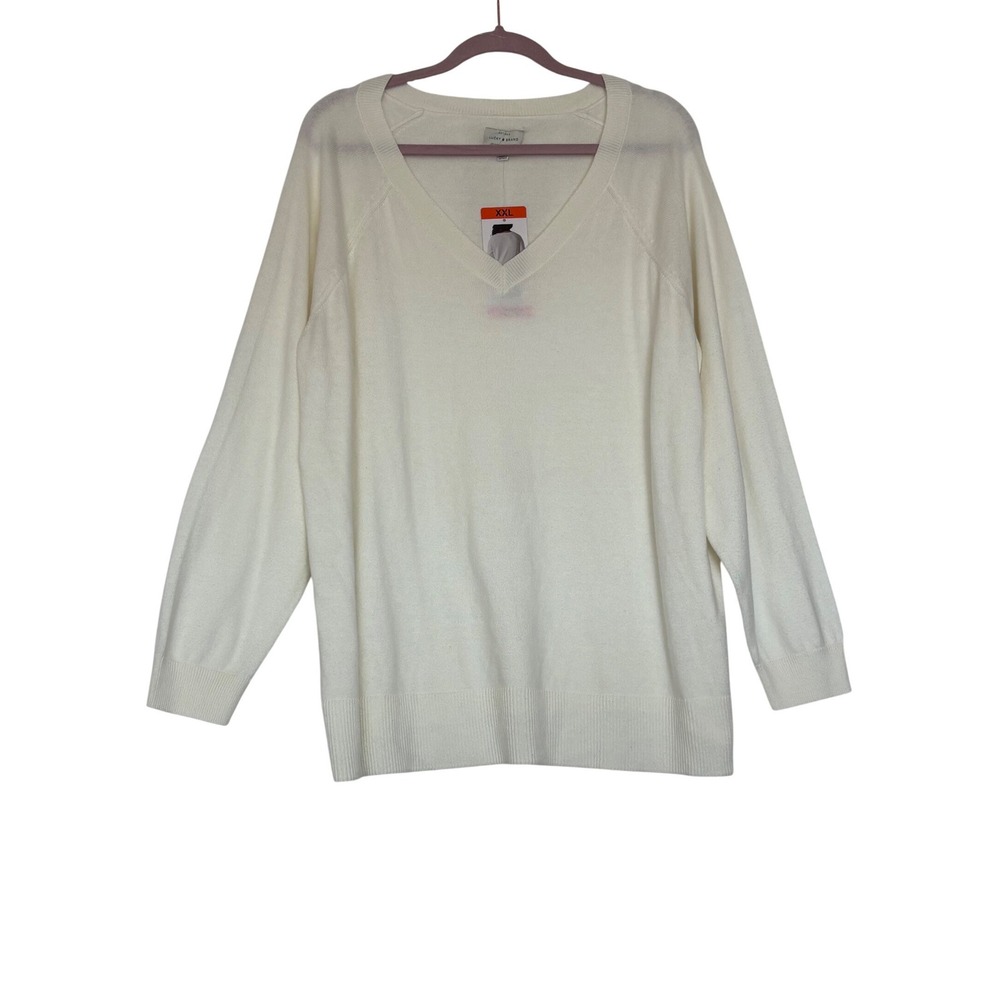NWT Lucky Brand Womens XXL V-Neck Sweater Marshmallow White Cotton Blend
